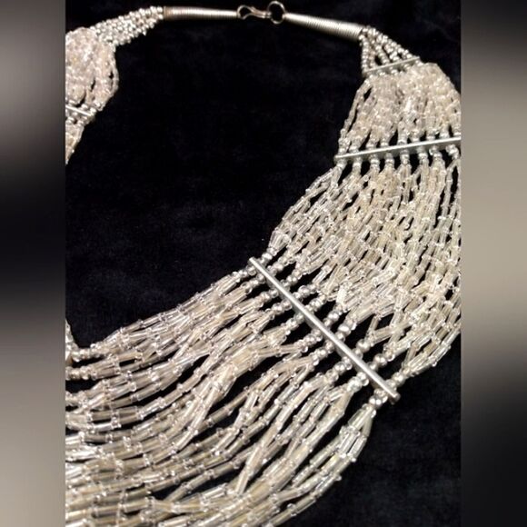 Vintage Clear Glass Beaded Beads Silver Waterfall Necklace Formal Party Bridal - Picture 4 of 16